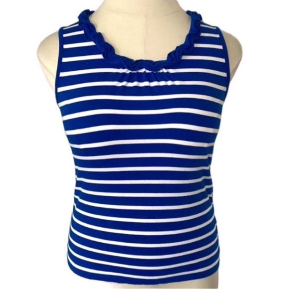 Jones NY Striped Top Blue White Ruffle Collar Knit Sleeveless Layer Office Work - Picture 1 of 16